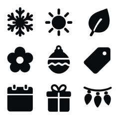 Seasonal Promotion Icons. Solid, filled icons set of seasonal local promotions: snowflake, sun, leaf, flower,