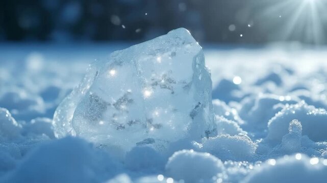 Crystal ice block sitting on soft snow in winter sunlight  