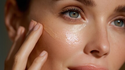 Skin Care Application: A close-up shot of a woman's face with perfect skin applying cosmetic, highlighting the radiance of skincare. 