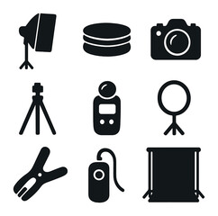 Studio Equipment Icons. Solid, filled icons set of studio setup for product photography: softbox, turntable,