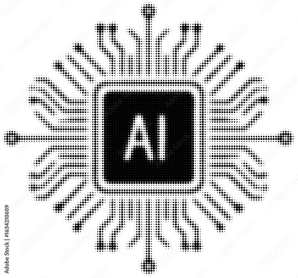 Poster black and white pixelated ai microchip centered on a dotted circuit pattern