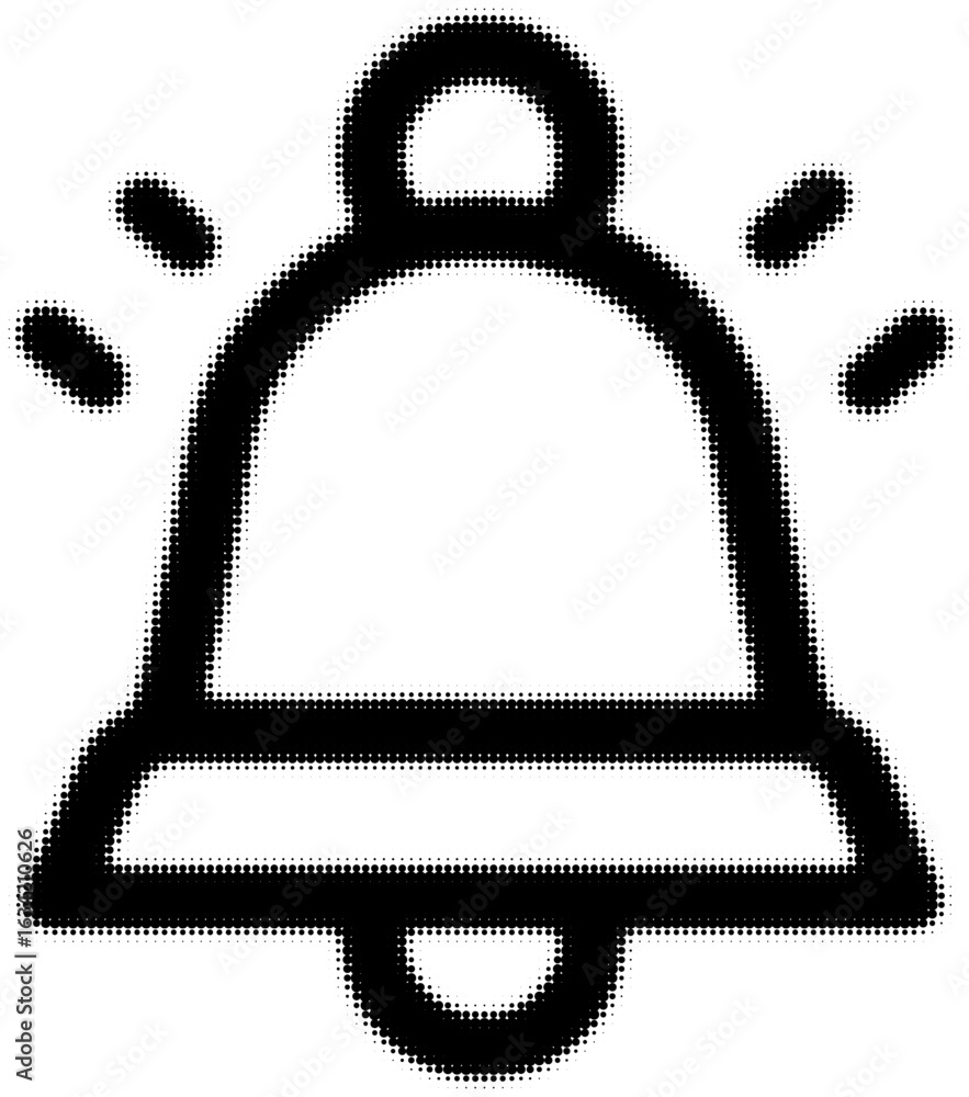 Poster outlined bell icon with sound lines and halftone pattern design