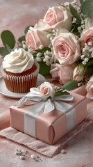 Fototapeta premium Pink roses, cupcake, and gift box on pink background. Soft, romantic setting.