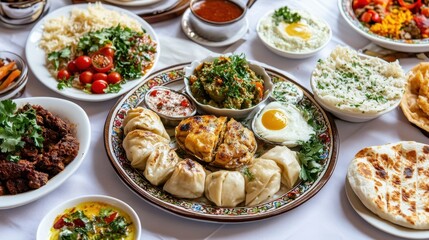 Fototapeta premium Diverse Array of Traditional Dishes on a Table with Colorful Decor