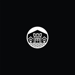 Minimalist vector logo featuring a castle tower surrounded by trees and mountains, enclosed within a circular frame