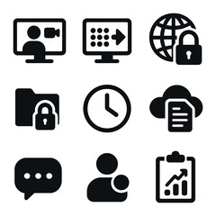 Telework Tools Icons. Solid, filled icons set of telework tools: video call, remote login, VPN access, secure