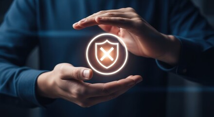 Failed Protection: Hands Presenting a Glowing Error Shield Symbol