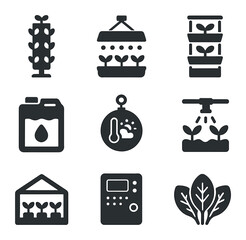 Vertical Farming Icons. Solid, filled icons set of vertical farming technology: hydroponic tower, LED grow