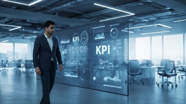 Business professional analyzing key performance indicators in a modern office with digital displays