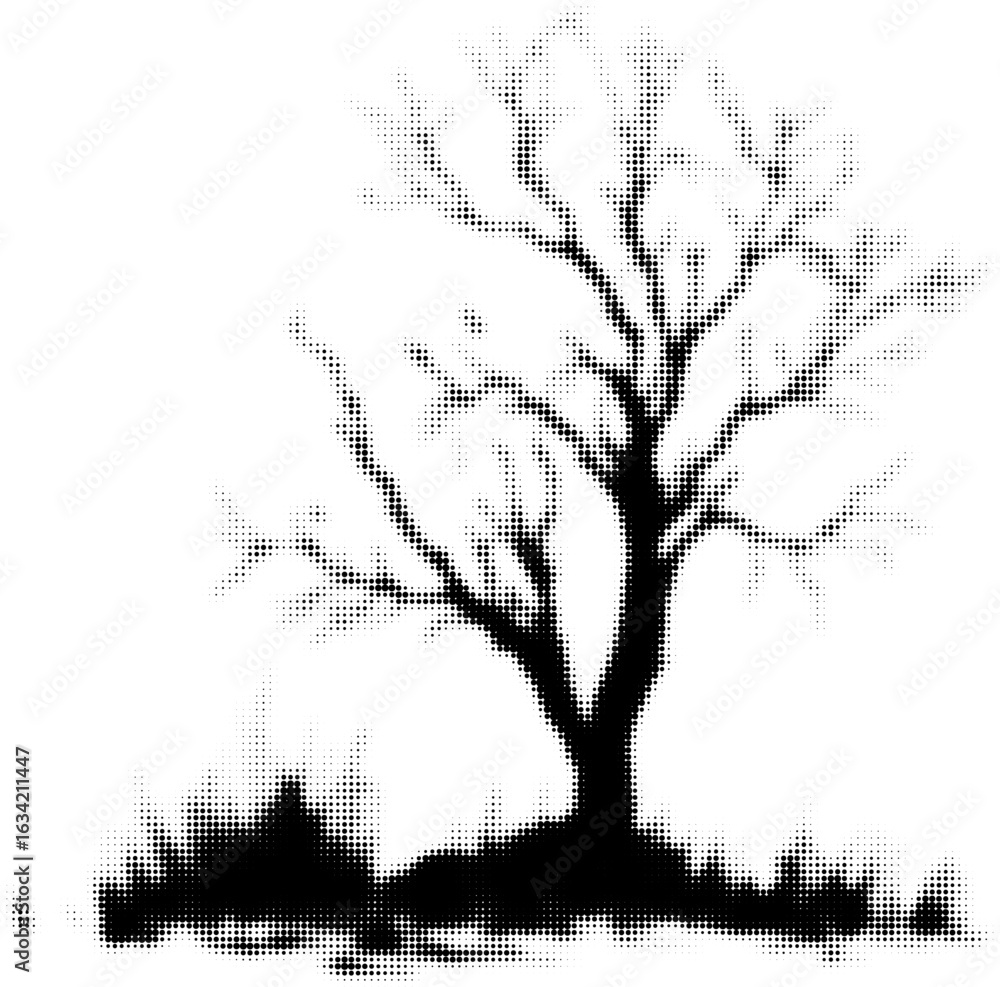 Poster silhouette of a bare tree in winter with dot pattern effect, digital art