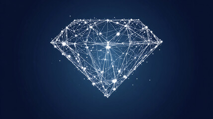Vector illustration of a diamond made from glowing dots on a dark blue background, with a polygonal mesh outline and white lines, vector line art,