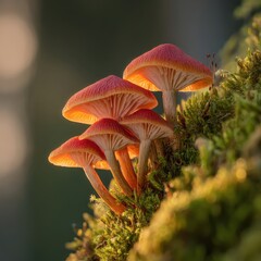 Fototapeta premium Close up of a cluster of vibrant red mushrooms emerging from green moss, bathed in soft, warm sunlight.