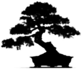 Silhouette of a bonsai tree in black and white pixelated style design