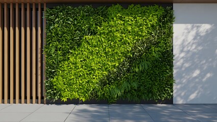 Modern vertical garden with wood slats and white wall accents