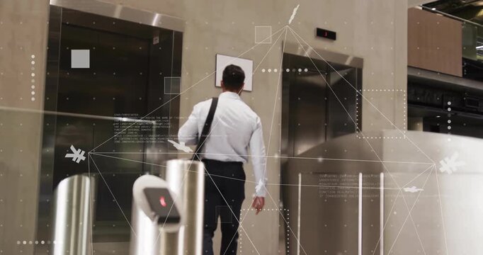 Corporate employee scanning card opening turnstile then pressing elevator button checking indicator