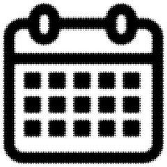 Black and white pixelated calendar icon with grid and round hooks
