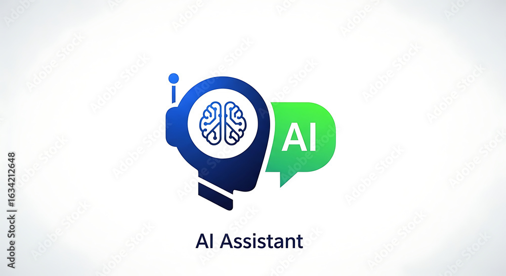 Poster illustration of an ai assistant with a brain inside a head and a speech bubble with ai text