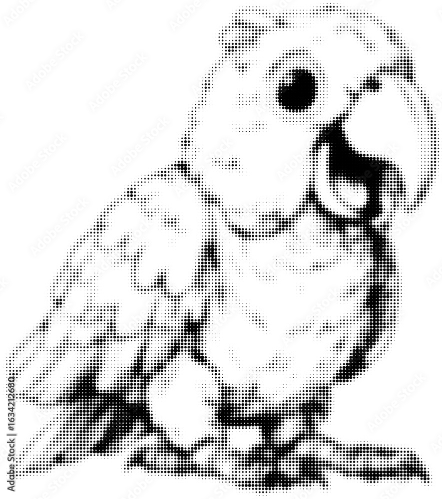 Poster halftone sketch of a parrot with open beak in black and white design