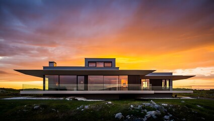 Modern architectural masterpiece bathed in a fiery sunset glow