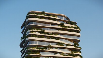 Modern green building with organic curving facade and abundant vertical gardens