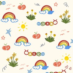 Nature children crayon pattern bg. Cute nature background. Color cloud, flower, rainbow, sun, caterpillar. Vector kid crayon illustration. Cute crayon child doodle pattern