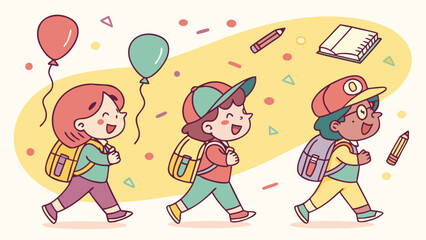 &ldquo;Cute cartoon-style children with backpacks walking to school happily, colorful background, back to school theme, flat vector&rdquo;

