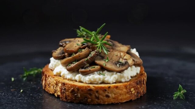 A mushroom toast with ricotta cheese and rosemary sprigs on a dark surface