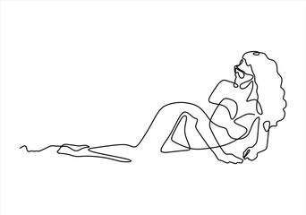 Relaxing Woman with Sunglasses. Woman in Swimsuit Relaxing - Continuous Line.  line icon-continuous line drawing. Editable stroke. 
