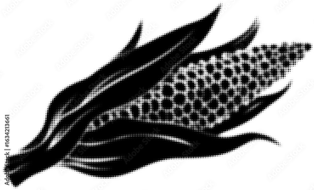 Poster stylized black and white image of a corn cob with husk in dot pattern