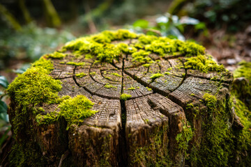 Moss-covered tree stump with cracks and vibrant greenery in a forest setting