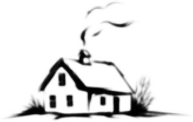 Halftone illustration of a quaint house with smoke in monochrome style