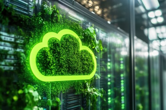 Green Cloud Computing Concept Showing Sustainable Technology with Data Servers, Environmentally Friendly Innovation Design