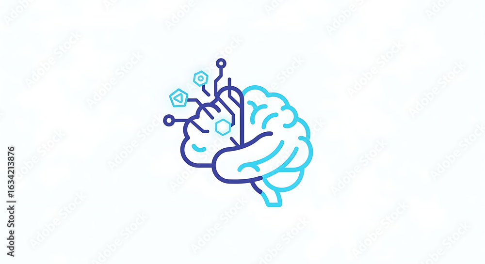 Poster stylized brain icon with geometric shapes and circuit connections on a white background design conce