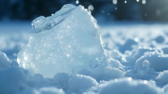 Ice chunk melting in the snow under bright winter sunlight  