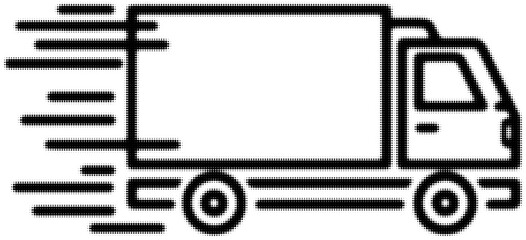 Black and white illustration of a fast-moving delivery truck, minimalist design