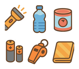 Kids' Emergency Kit Icons. Flat vector mini-illustrations Emergency supply kit in colors children's