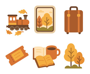 Fototapeta premium Autumn Train Adventure. Flat vector mini-illustrations Autumn train journeys in colors children's