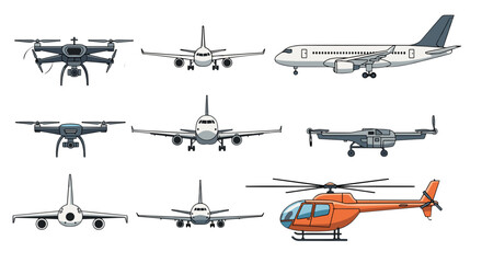 Illustration showcasing various aircraft types including airplanes drones and a helicopter in different views