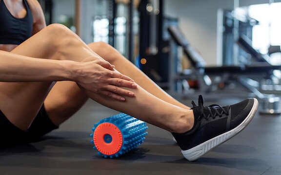 Woman massaging leg with blue foam roller in gym massage