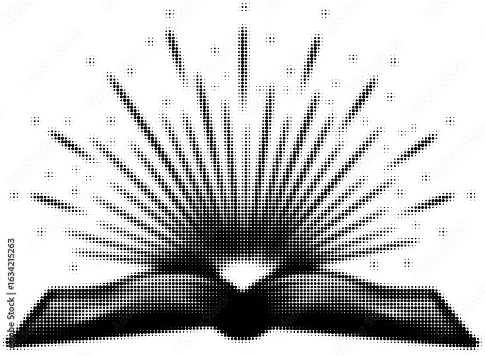 Poster open book with exploding rays and dots in black and white illustration