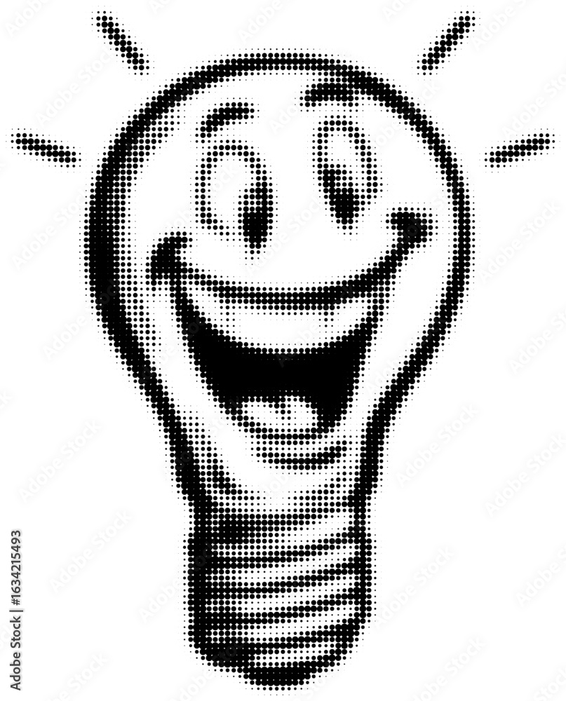 Poster smiling cartoon light bulb in halftone style and monochrome pattern
