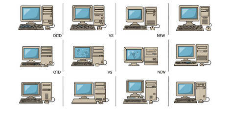 Comparison of old and new desktop computer setups with monitors keyboards and computer towers displayed