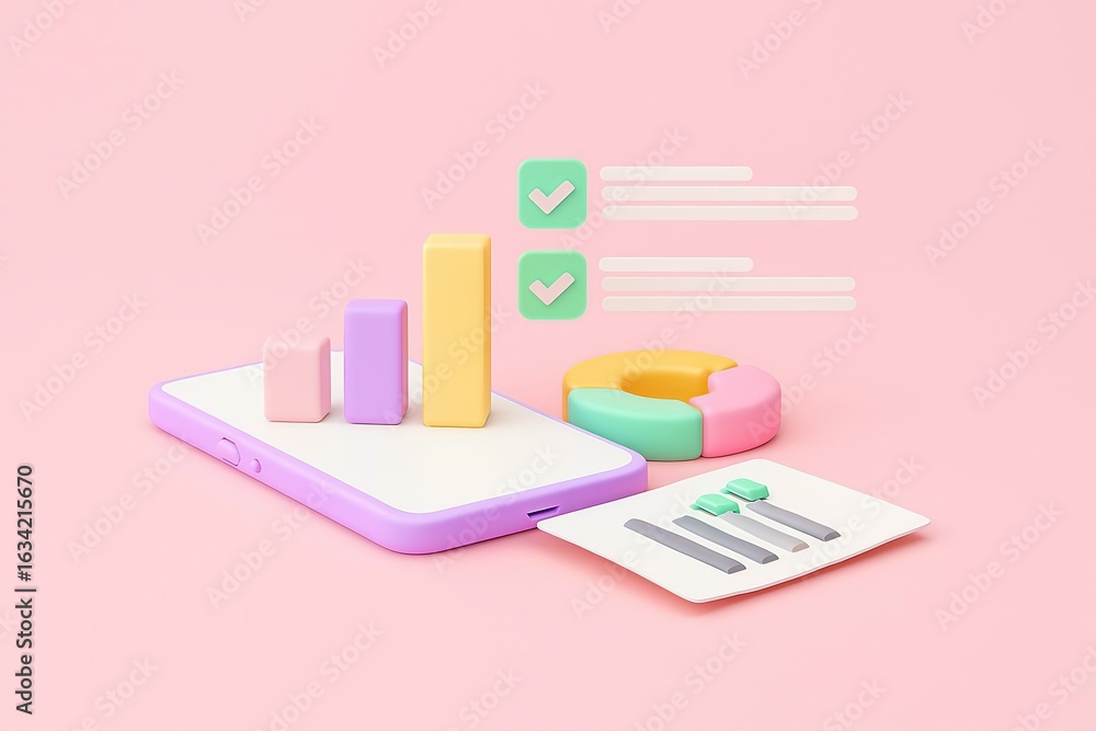 Poster 3d business analytics and financial data visualization on a pink background