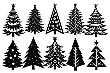 Obraz premium Collection of Ten Stylish Black and White Christmas Tree Silhouettes; Perfect for Holiday Designs.