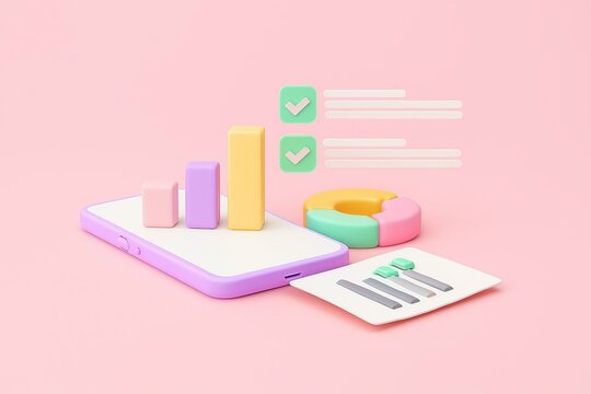 3d business analytics and financial data visualization on a pink background