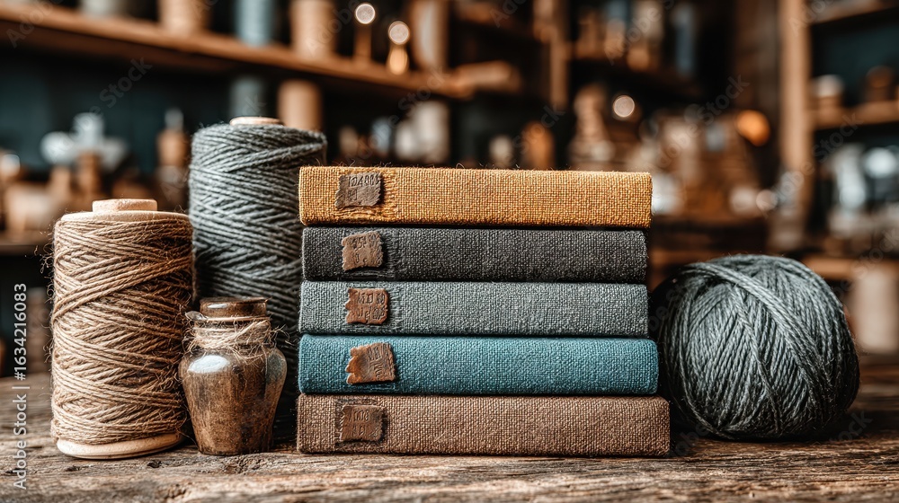 Poster stack of patterned notebooks with spools of twine on wooden surface