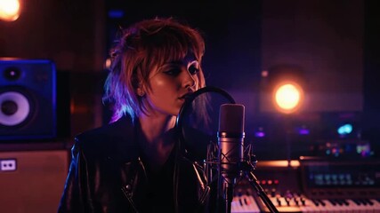 Singer performs soulful ballad in a dimly lit studio with colorful lights and musical instruments in the background