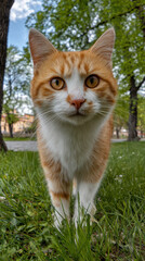 Curious orange and white cat with striking eyes stands on lush green grass in park, surrounded by trees under blue sky