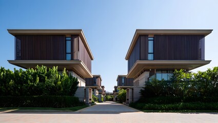 Modern architectural homes featuring cantilevered design and vertical louvers