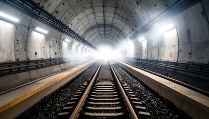 Train Tracks Perspective Leading to Bright Light at End of Tunnel
